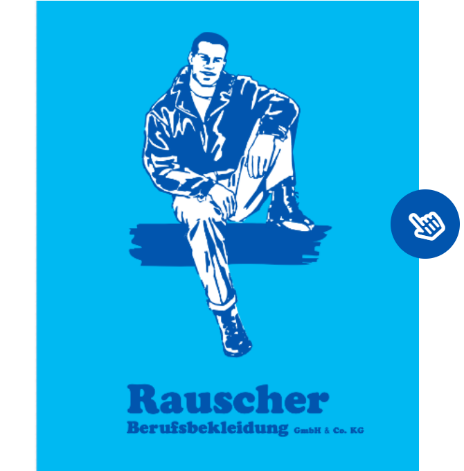 Download-Symbol mit Illustration eines Mannes in Arbeitskleidung und dem Schriftzug „Rauscher Berufsbekleidung GmbH & Co. KG“.